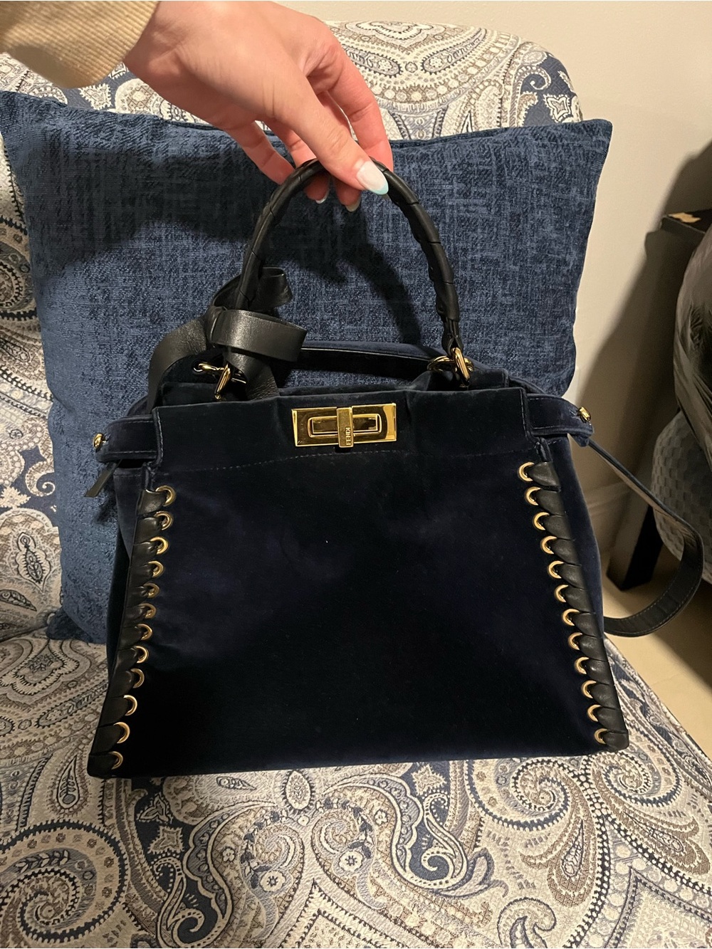 Women's dark turquoise Blue Velvet Top-Handle Satchel with Gold Hardware